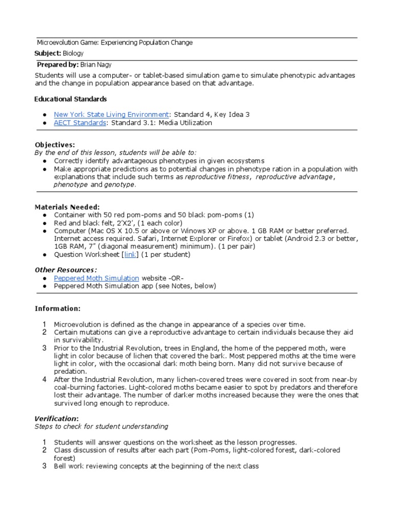 Peppered Moth Simulation Lesson Plan Lesson Plan Simulation