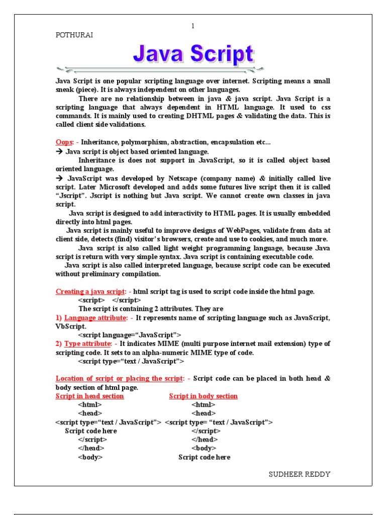 JavaScript Notes | Download Free PDF | Java Script | Html