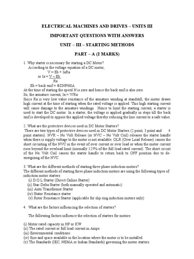 EMD Important Questions UnitIII Starting Methods Electric Motor