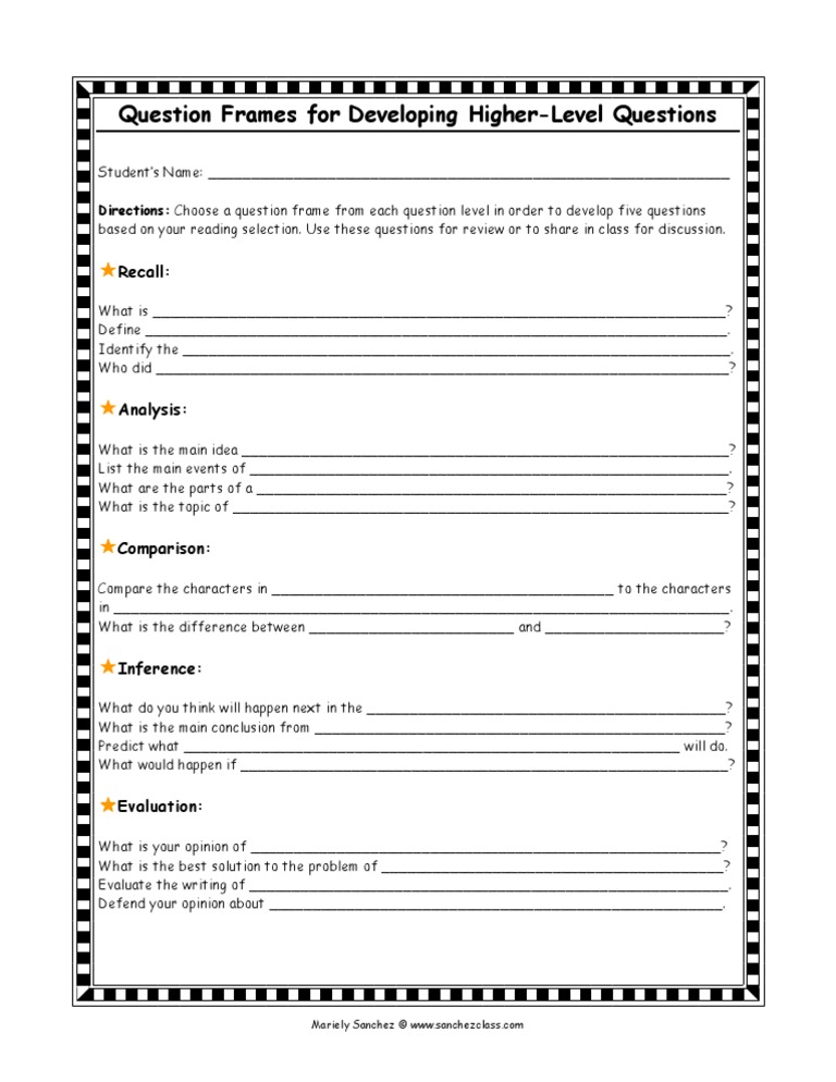 Question Frames For Developing Higher-Level Questions: Recall | PDF