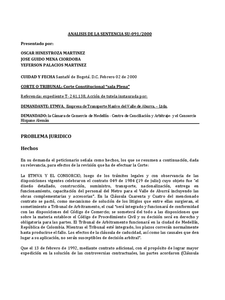 Analisis de La Sentencia Su-091 Corta | PDF | Derecho Constitucional