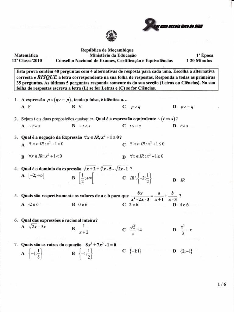 Exame Nacional Mocambique 12ª Classe Matematica 1ª Epoca 10 Conceitos Matematicos Ensino De Matematica