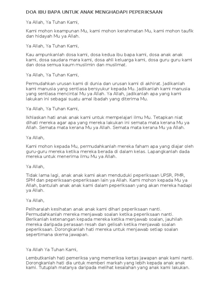 Doa Ibu Bapa Untuk Anak Menghadapi Peperiksaan Pdf