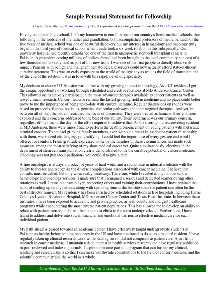 Sample Personal Statement For Fellowship PDF Medical School