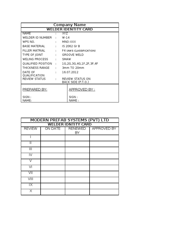 Welder Id Card Format