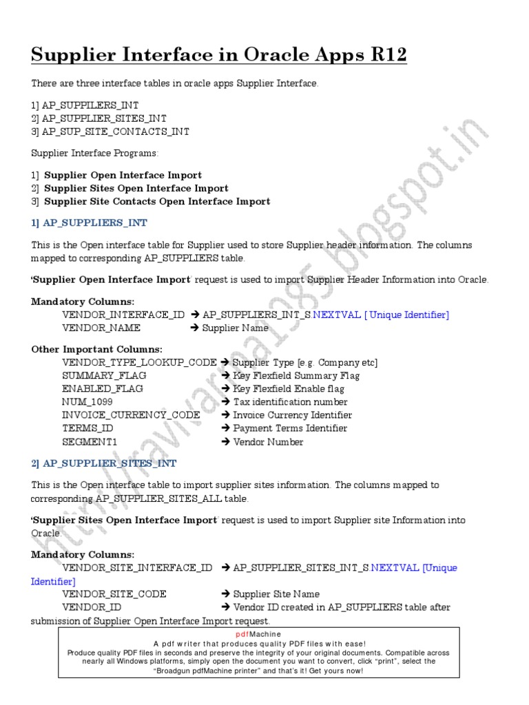 Supplier Interface in Oracle R12 | PDF | Fax | Portable Document Format