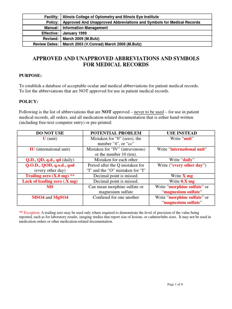 Approved and Unapproved Abbreviations For Medical Records PDF