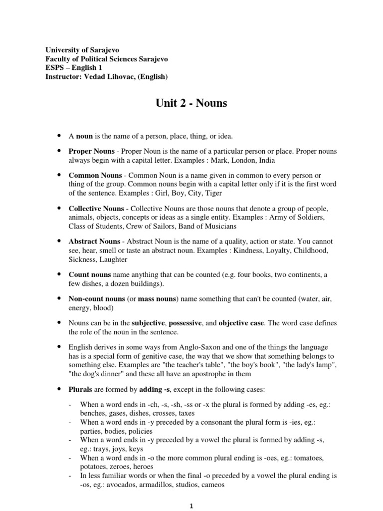 Handout Unit 2 Nouns | PDF | Noun | Plural