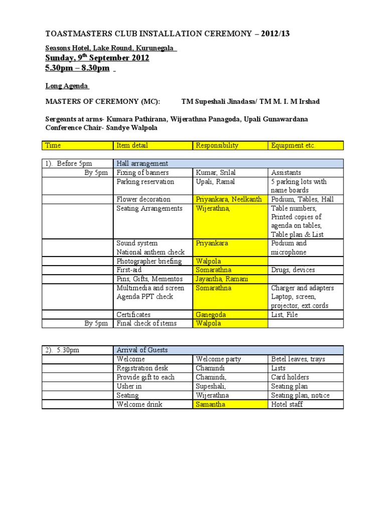 Toastmasters Installation Ceremony Agenda | PDF