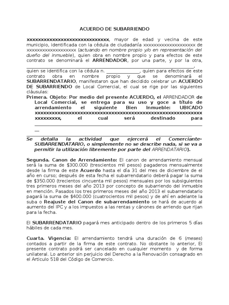 formato de contrato de arrendamiento de local comercial