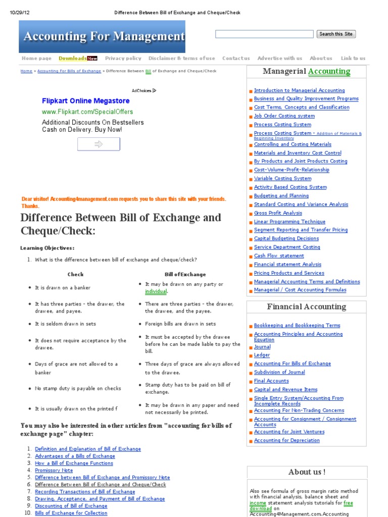 Difference Between Bill Of Exchange And Cheque Check Negotiable