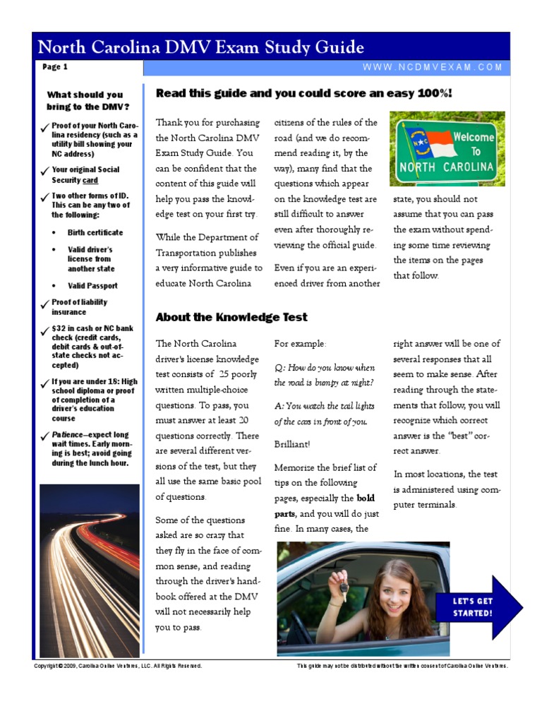Nc Dmv Exam Guide Department Of Motor Vehicles Traffic