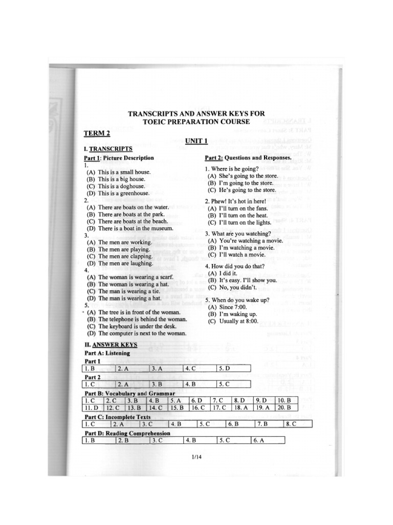 Transcripts and Answer Keys For Toeic Preparation Course Term 2 Unit 1 ...