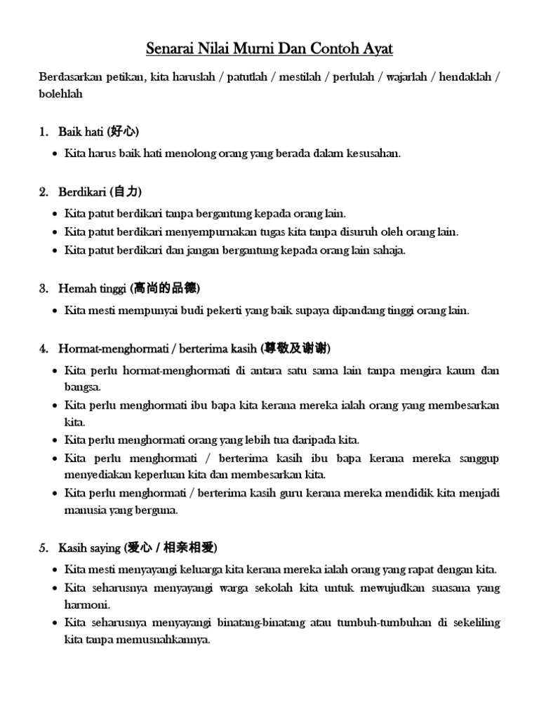 Senarai Nilai Murni Dan Contoh Ayat3 Pdf