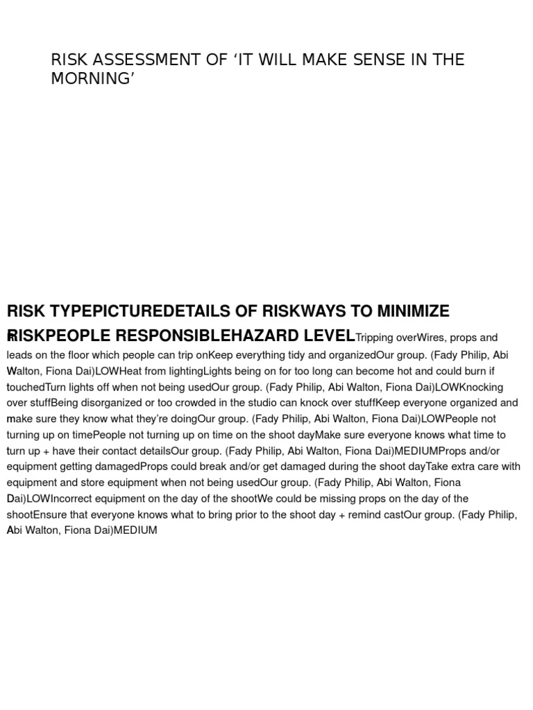 Risk Assessment for Film Production | PDF