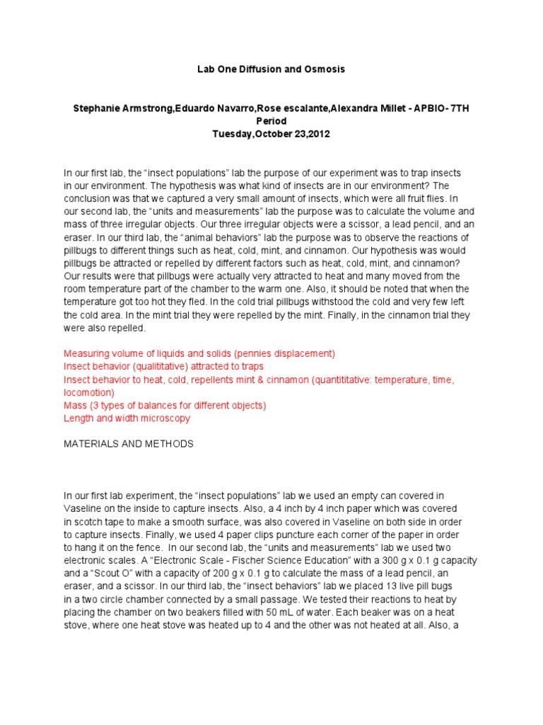 Lab One Diffusion and Osmosis | PDF | Heat | Experiment
