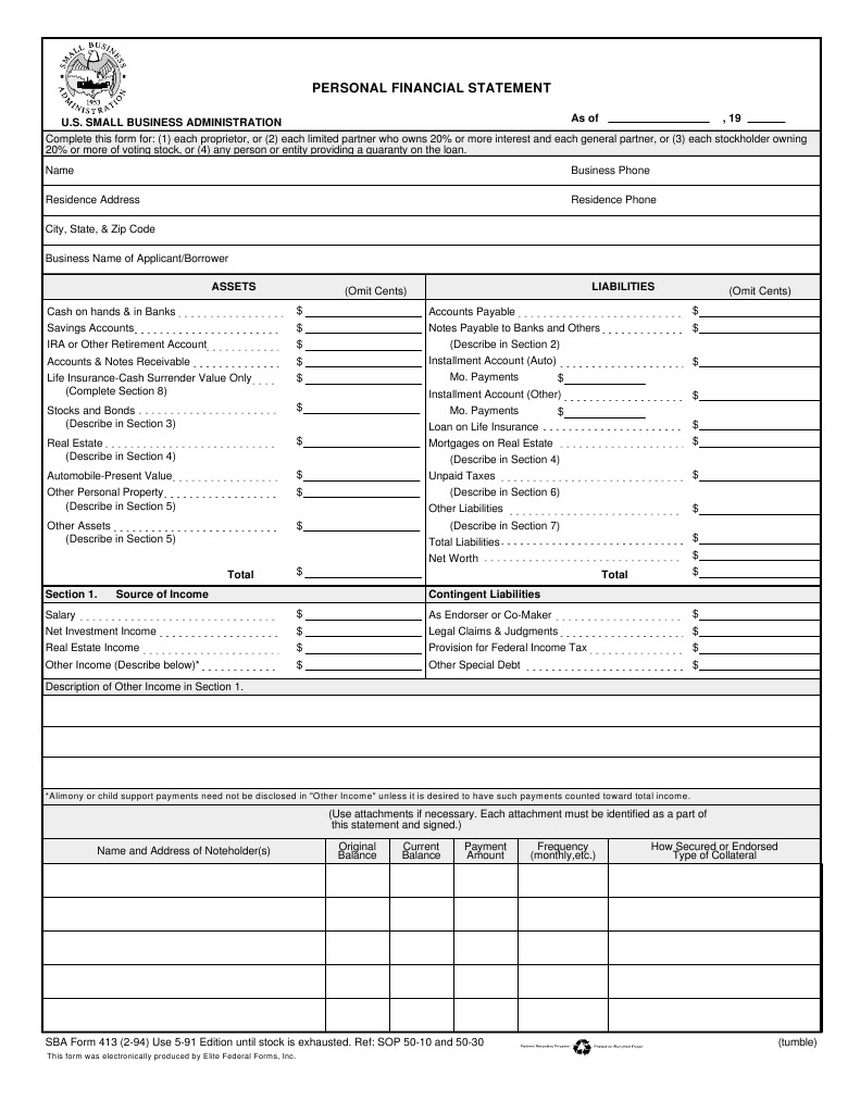 SBA Form 413 Personal Financial Statement | PDF | Mortgage Loan | Small ...