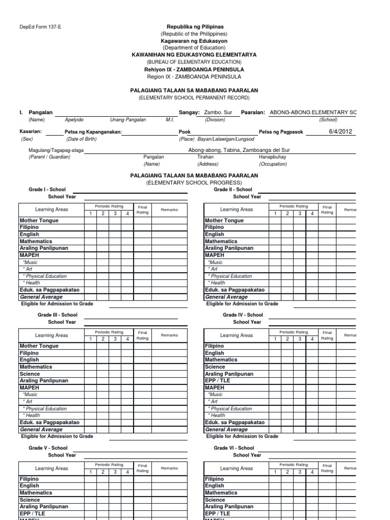 k to 12 DepEd-Form-137-E Correct | Philippines | Psychology &amp; Cognitive ...