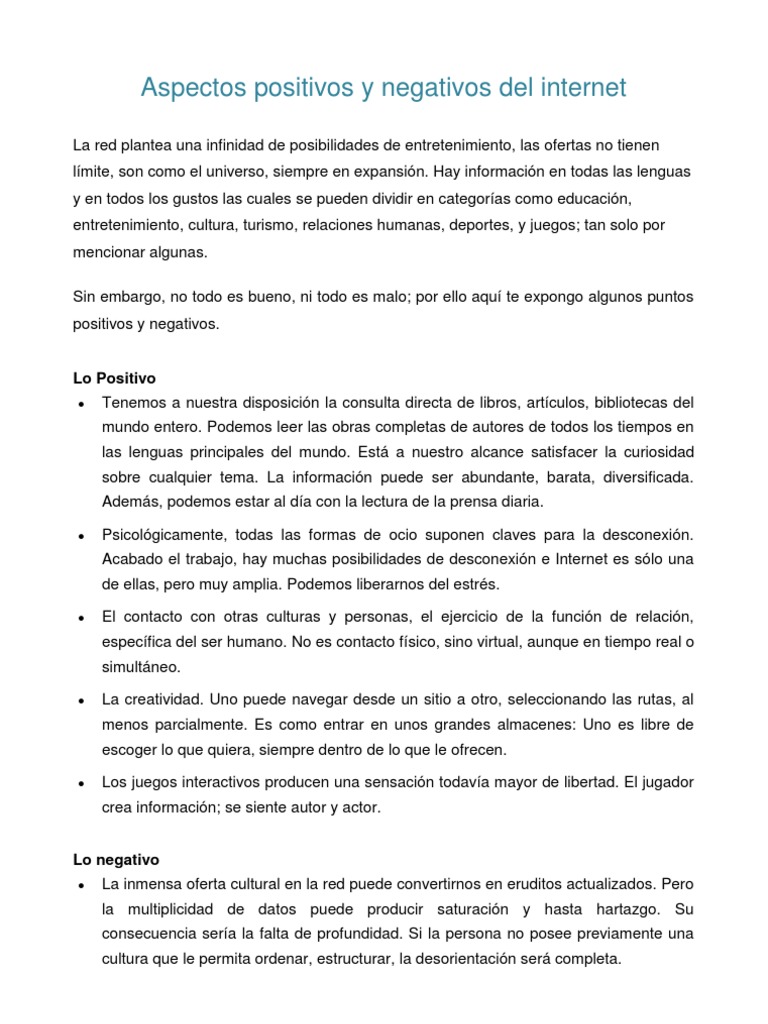 Aspectos positivos y negativos del internet | PDF | Internet | Red de ...