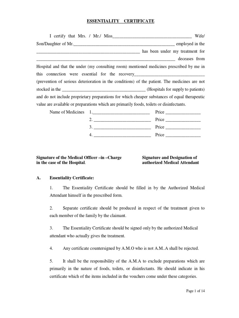 Essentiality Certificate for Medical Claims | PDF | Pharmaceutical Drug ...