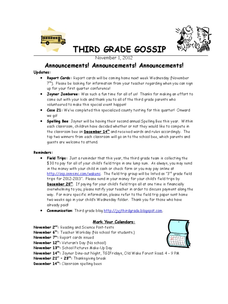 Third Grade Gossip: Announcements! Announcements! Announcements! | PDF ...