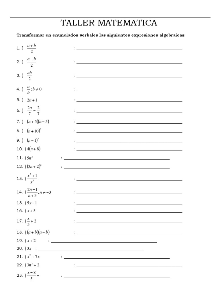 Taller de Expresiones Algebraicas y Problemas Matemáticos | PDF ...