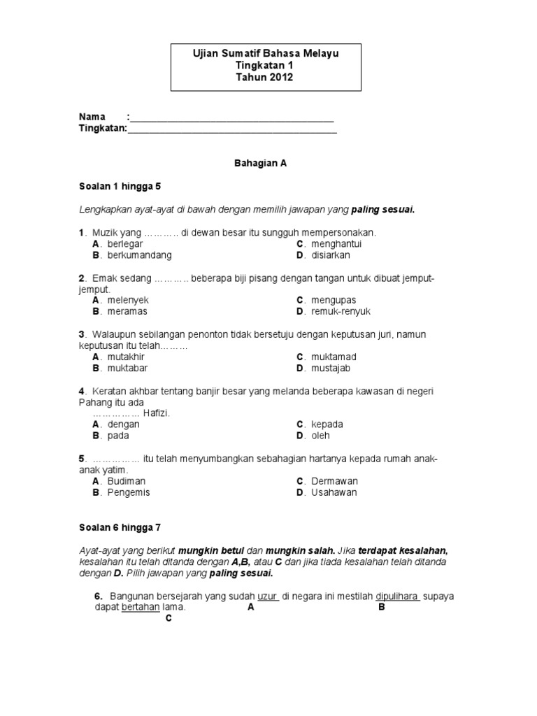 Soalan Sumatif BM Tingkatan 1