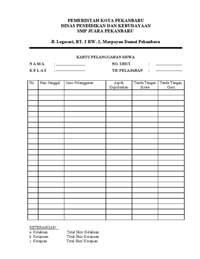 kartu pelanggaran siswa