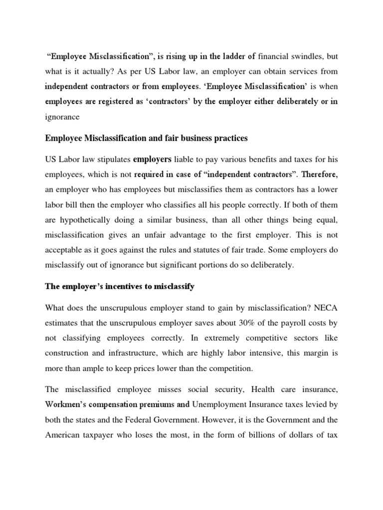 Employee Misclassification Pdf Employment Social Security United