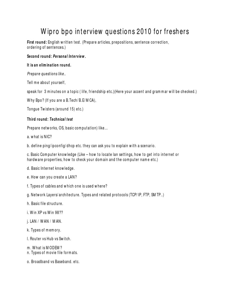 Wipro bpo interview questions 2010 for freshers pdf local area