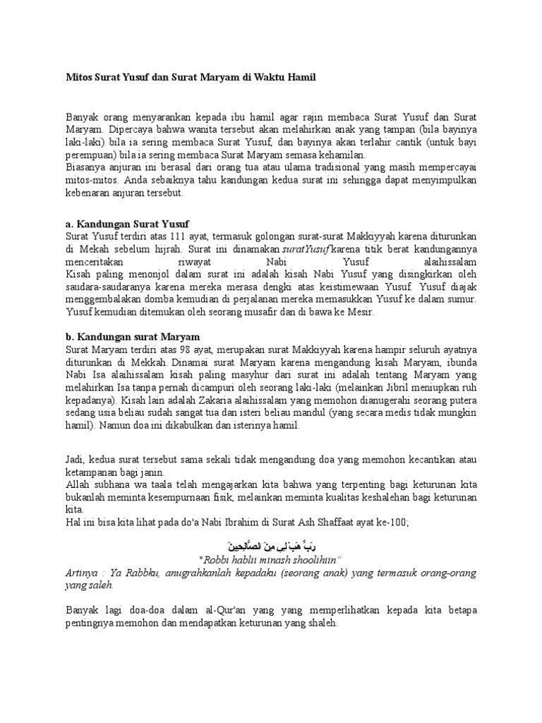 Mitos Surat Yusuf Dan Surat Maryam Di Waktu Hamil