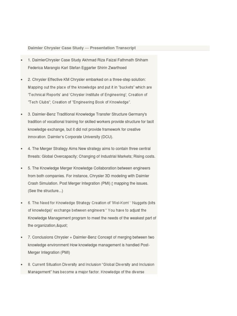 Daimler Chrysler Case Study Daimler Ag Chrysler