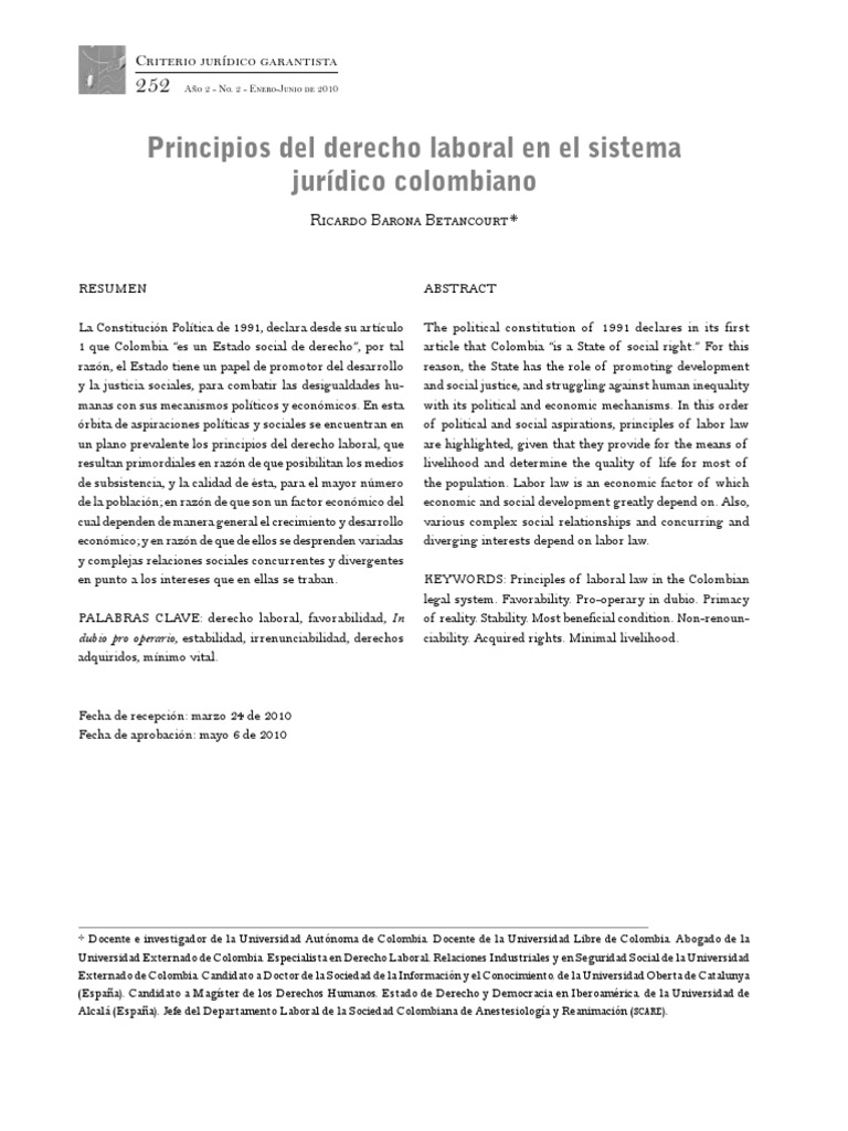 Principios del Derecho Laboral en Colombia | PDF | Derecho laboral ...