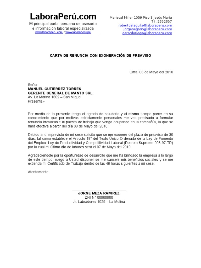 Modelo Carta Renuncia Exoneracion Preaviso Laboraperu