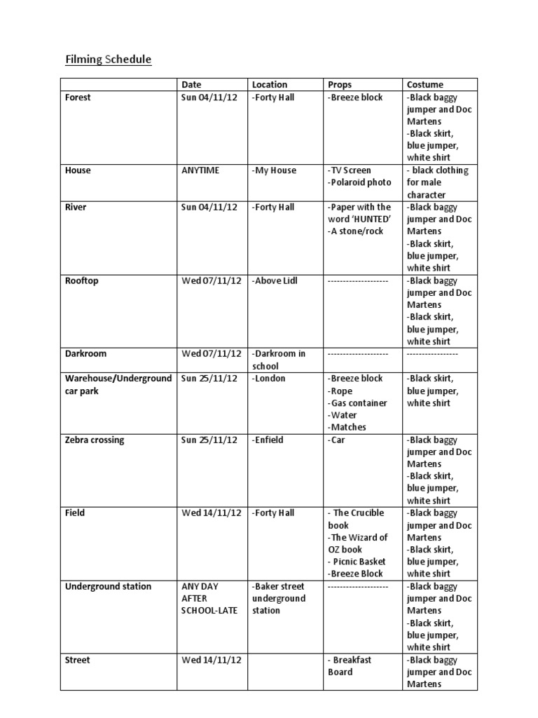 Filming Schedule and Dates | PDF | Art