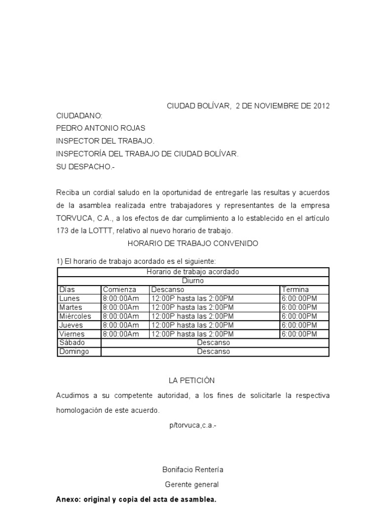 Acta Convenio Trabajadores-Empresa. Nuevo horario de 