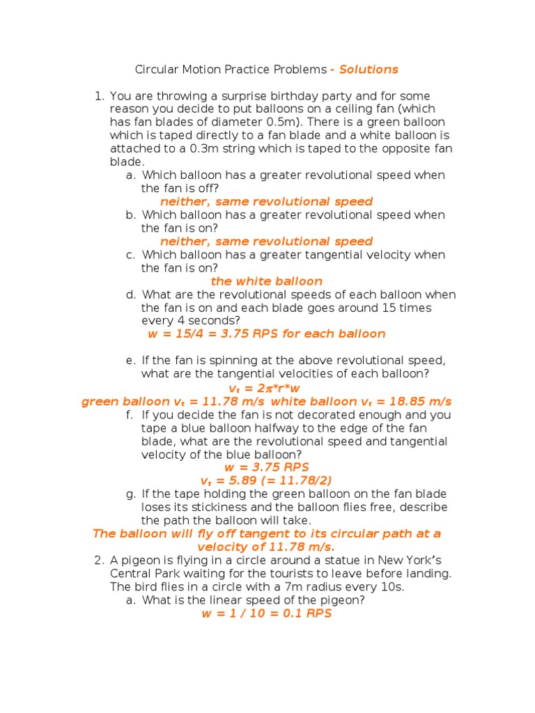 Circular Motion Practice Problems Solutions PDF Speed Tangent