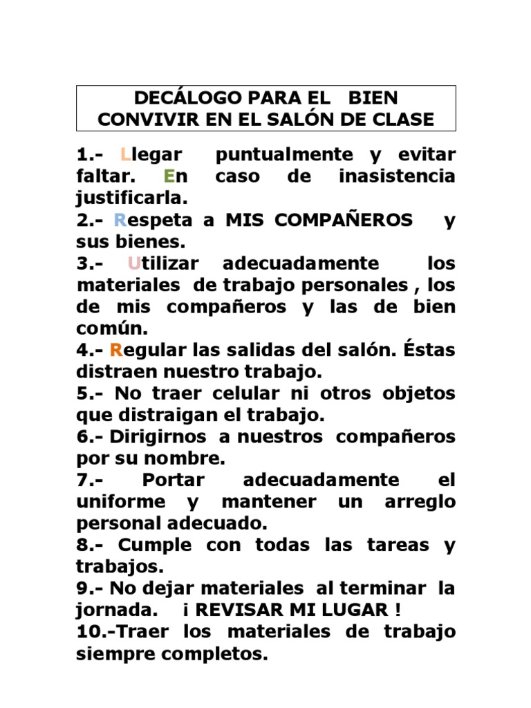 DECÁLOGO DEL SALÓN DE CLASE