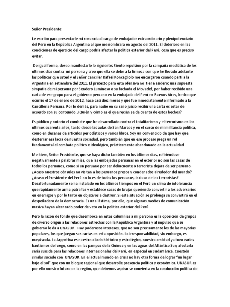 Carta de Renuncia  Perú  América del Sur
