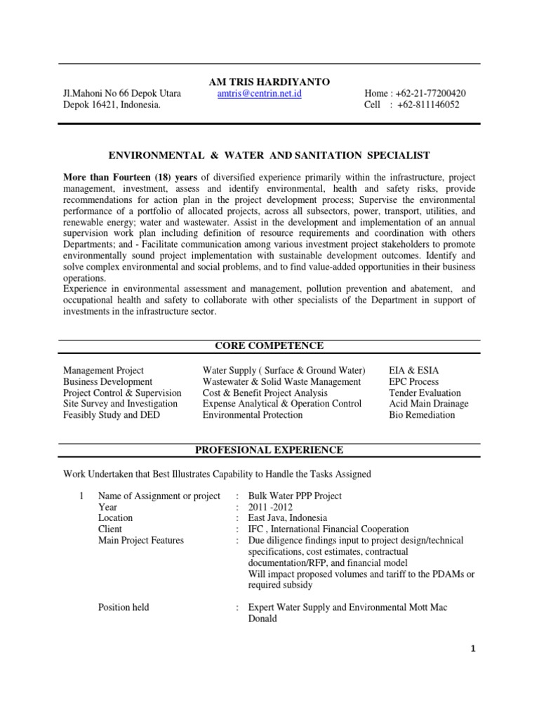 Environmental Specialist CV: Amtris | PDF | Sanitation | Environmental ...