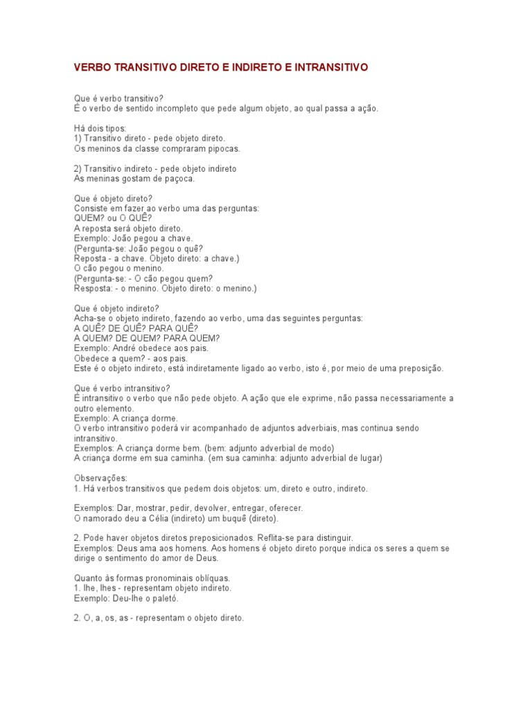 O Que é Verbo Transitivo Direto E Indireto Exemplos