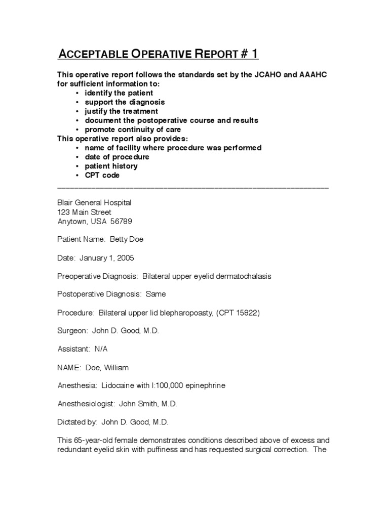 Sample Operative Reports Surgery Anesthesia