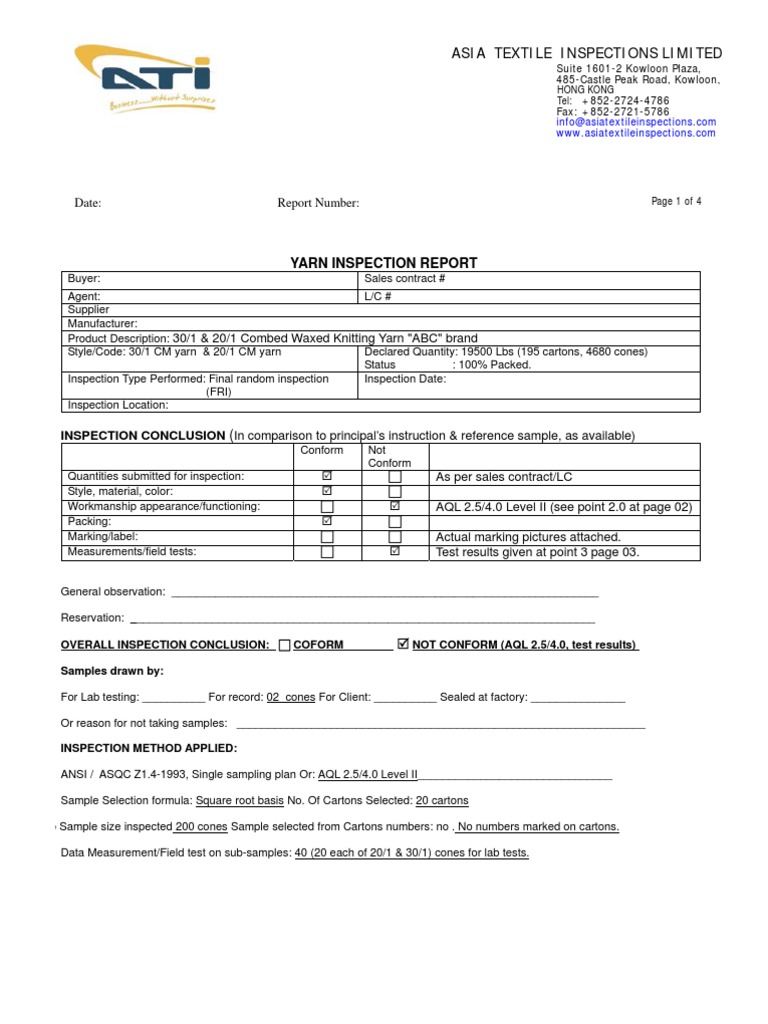 Asiatextileinspections Yarn Inspection | PDF | Specification (Technical ...