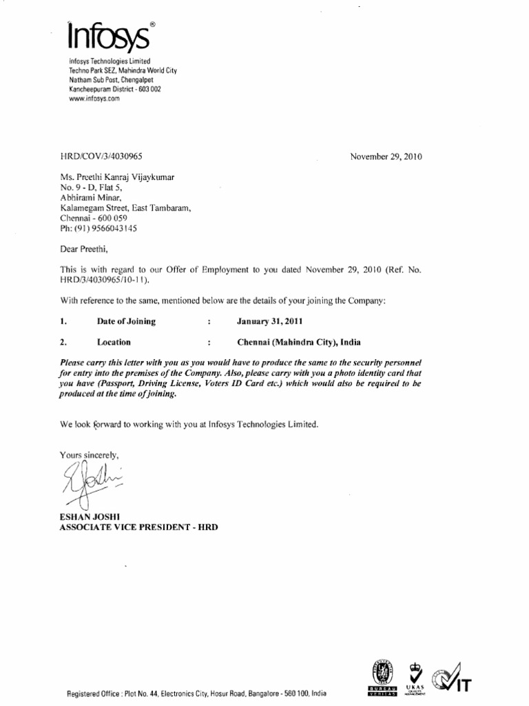 Infosys Offer Letter | PDF