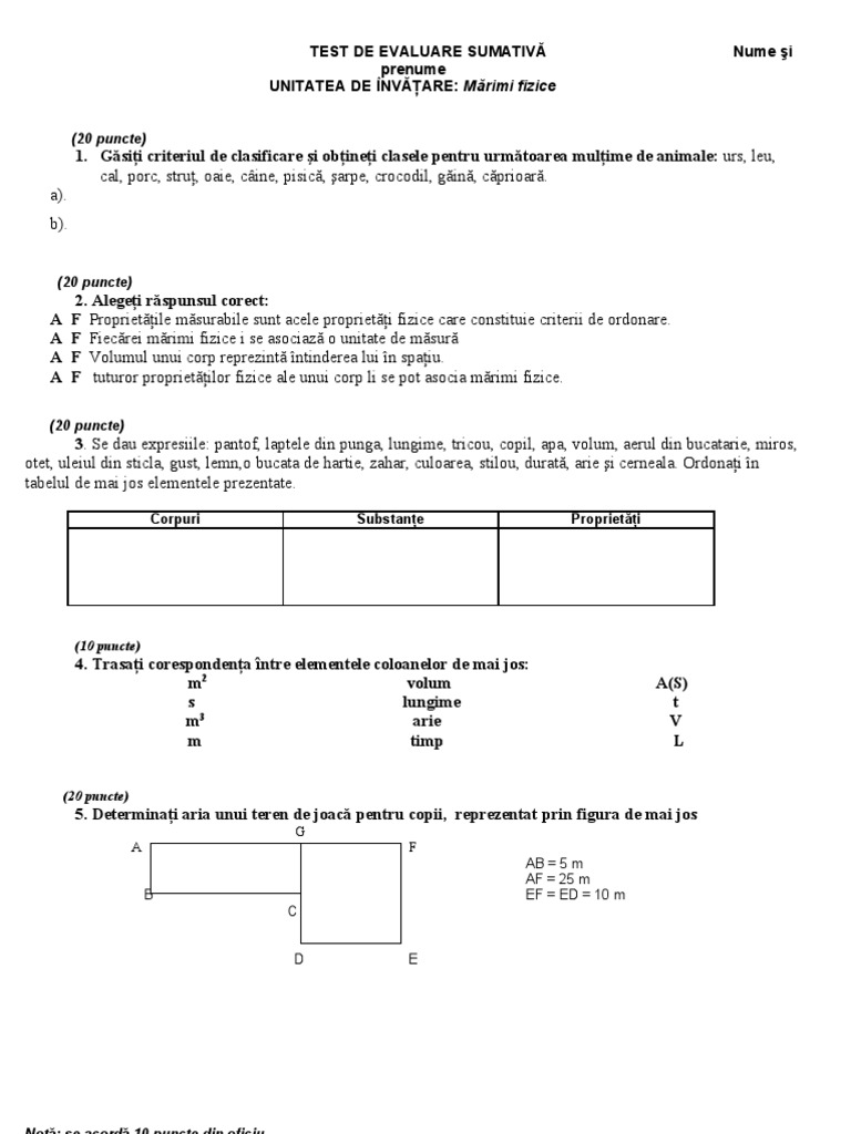 TEST DE EVALUARE Mărimi Fizice CLASA A VI-A | PDF