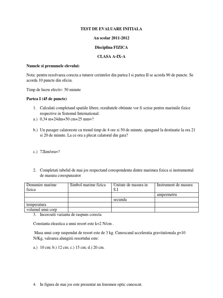 0 Test Initial Clasa 9 Fizica