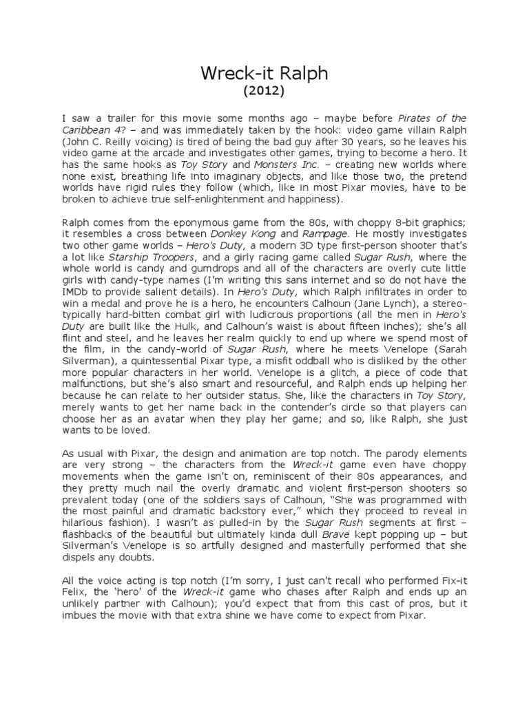 Wreck It Ralph Movie Review | PDF | Leisure