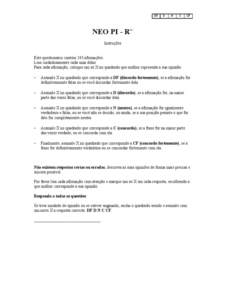Neo Pi - R | PDF | Pensamento | Emoções