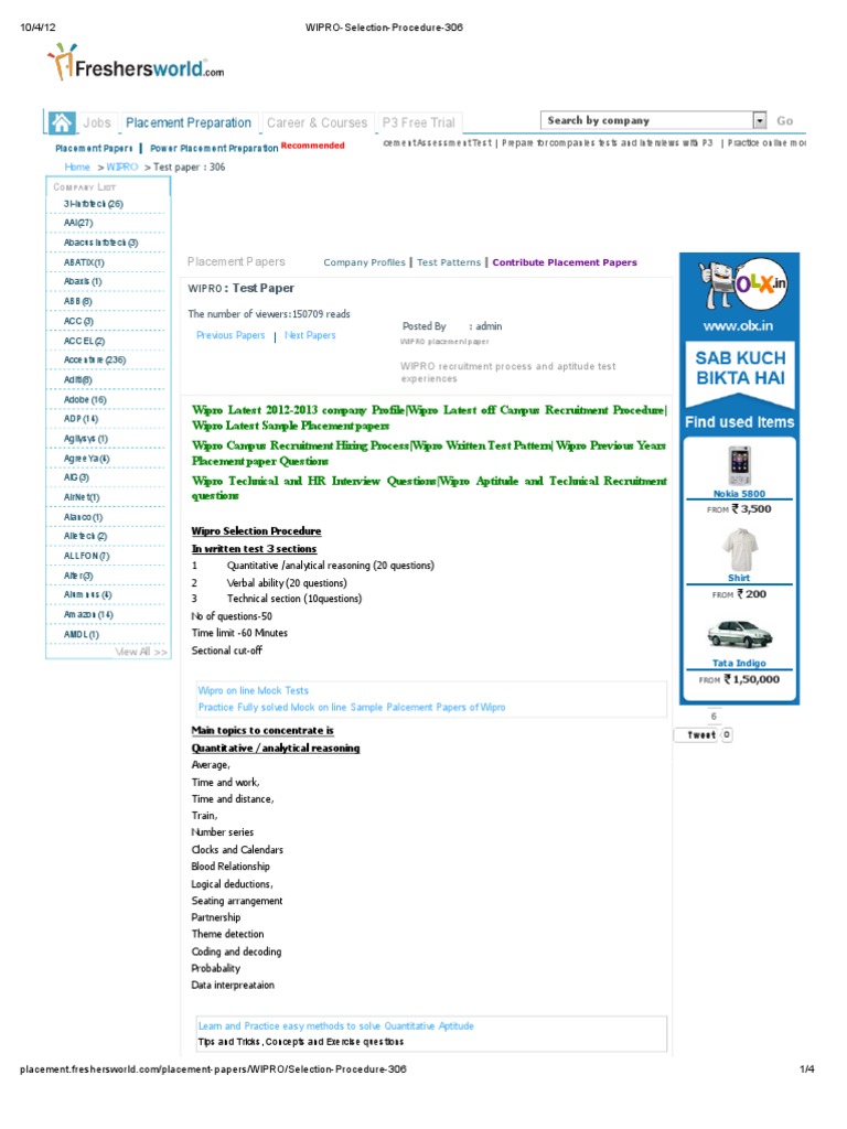 WIPRO Selection Procedure 306 | PDF | Recruitment | Test (Assessment)