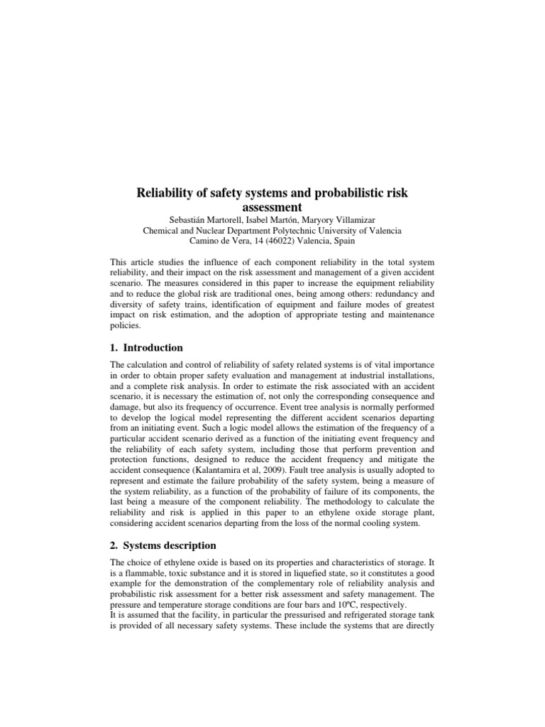 Reliability of Safety Systems and Probabilistic Risk Assessment | PDF ...